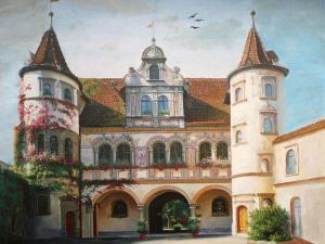 uma pintura de um castelo com duas torres em Exclusively in Konstanz Paradies em Constança