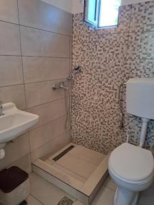 a bathroom with a shower with a toilet and a sink at STUDIOS MONA in Agios Georgios