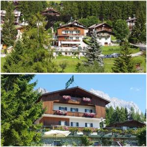 duas fotos de um edifício nas montanhas em Hotel Villa Gaia em Cortina dʼAmpezzo