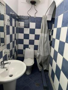 baño azul y blanco con aseo y lavamanos en Sofi's apartment, en Agios Konstantinos