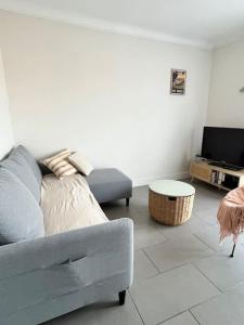 ein Wohnzimmer mit einem Sofa und einem TV in der Unterkunft Au QALM in Canet-en-Roussillon