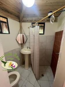 a bathroom with a toilet and a sink at Quinde Ñan Lodge in Papallacta