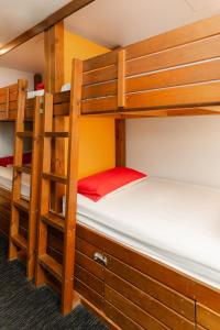派西亞的住宿－群島灣（派西亞）哈卡山林小屋旅舍，宿舍间的两张双层床位 - 带白色床垫