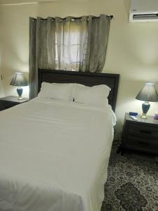 a bedroom with a large white bed with two lamps at Stonebrook Villa in Falmouth