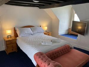 um quarto com uma cama grande e uma televisão em Bryntirion Farmhouse Rooms (with bathroom) em Llanfair Caereinion