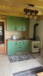 貝拉內的住宿－Lazarus house，厨房配有绿色橱柜和炉灶。