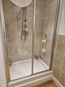 a shower with a glass door in a bathroom at Beachside Ground Floor Flat in Birchington