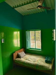 a green room with a bed with a window at Shanthi House in Mysore