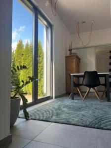 a living room with a table and a large window at Modernes Tiny Appartement in Lage in Lage