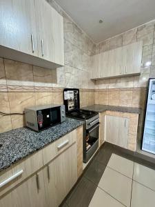 a kitchen with a stove and a microwave at Hillsview Apartment in Voi +28 photos