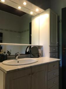 a bathroom with a sink and a large mirror at villa Marguerite terrasse & garage in Belvès