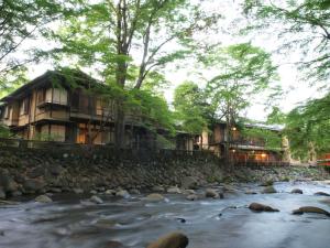 um rio em frente a um edifício ao lado de um rio em Arai Ryokan em Izu