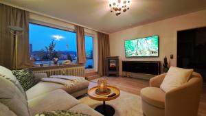 a living room with a couch and a tv at Das kleine Penthouse mit Kamin in Bad Sachsa