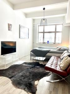 ein Wohnzimmer mit einem Sofa und einem TV in der Unterkunft Factory Studio in Helsinki