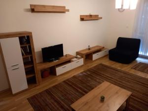 een woonkamer met een zwarte stoel en een televisie bij Zsóka Apartman in Miskolc