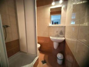 a bathroom with a sink and a toilet and a shower at Oleander Vendégház in Tihany