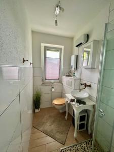 ein Bad mit einem Waschbecken, einem WC und einer Dusche in der Unterkunft Ferienbungalow Muranko am Kiessee in Krugsdorf