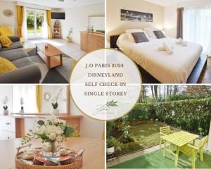 a collage of photos of a bedroom and a living room at PALMIER Jardin Disneyland JO Paris 2024 - 4 personnes et bébé in Torcy