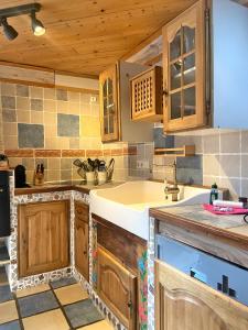 uma cozinha com armários de madeira e um lavatório em Ferienwohnung Seeblick Nr 2 5-Zimmerwohnung - Feldberg Bärental em Feldberg