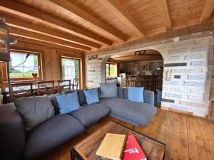 a living room with a blue couch in a log cabin at Ferienwohnung Seeblick Nr 2 5-Zimmerwohnung - Feldberg Bärental in Feldberg