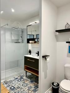 ein Bad mit einem Waschbecken und einer Dusche in der Unterkunft studio au cœur de la vannerie in Fayl-Billot