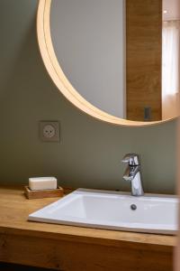 W łazience znajduje się biała umywalka i lustro. w obiekcie Isäntä w mieście Ferté-Saint-Aubin