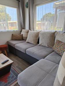 a living room with a couch and two windows at Mobil home 3 chambres avec vue sur l'étang - 4* in Canet-en-Roussillon