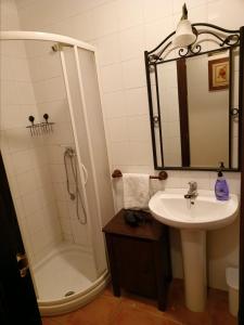 een badkamer met een douche en een wastafel bij LA POSADA DEL HORNO in Valdecuenca