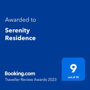 Certifikát, hodnocení, plakát nebo jiný dokument vystavený v ubytování Serenity Residence