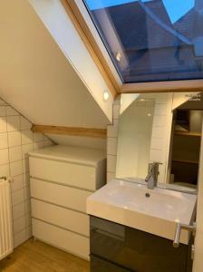 a bathroom with a sink and a mirror at Froissart Loft in Chimay