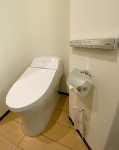a bathroom with a white toilet and a paper dispenser at JR Kyushu Hotel Blossom Shinjuku in Tokyo