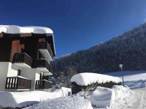 a building covered in snow next to a lake at Appartement plein sud montagne et lacs in Habère-Poche +9 photos