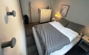 een slaapkamer met een bed, een dressoir en een spiegel bij Akureyri Backpackers, Hafnarstraeti 100 - Apartment for 4 in Akureyri