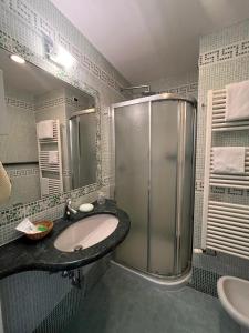 La salle de bains est pourvue d'un lavabo et d'une douche. dans l'établissement HOTEL LUDOVICO ARIOSTO, à Castelnuovo di Garfagnana