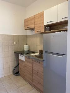 een keuken met een witte koelkast en houten kasten bij Cvetanov trg LUX 4 in Belgrado