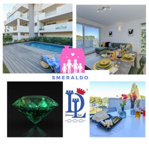 eine Collage mit Fotos einer Villa mit einem Pool und einem Tisch in der Unterkunft DesenzanoLoft Smeraldo Family apartment in Desenzano del Garda