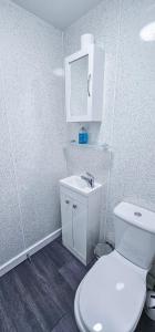 La salle de bains est pourvue de toilettes blanches et d'un lavabo. dans l'établissement Lovat 2 Bedroom Apartment - Inverness, à Inverness
