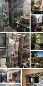 uma colagem de fotografias de uma casa de banho com banheira em Garden Art em Pervolia
