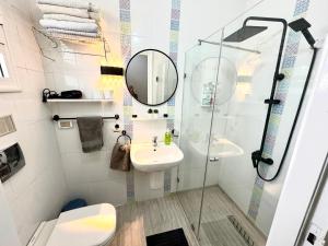 a bathroom with a shower and a sink and a mirror at Cosy S3 Apartment in Sidi Bou Said Village in Sidi Bou Saïd