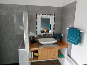 グリュイッサンにあるJolie Maison au centre du villageの洗面台と鏡のあるバスルーム +18枚の写真