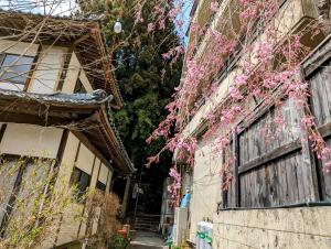 eine Gasse mit rosa Blumen an der Seite eines Gebäudes in der Unterkunft Sakahijiri Nikko in Nikko
