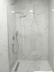 baño con ducha y puerta de cristal en Tivat Apartman, en Tivat