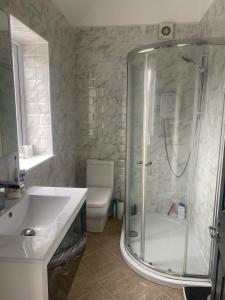 a bathroom with a shower and a sink and a toilet at Stunning 2 bed 2 bath house in Carleton in Pontefract