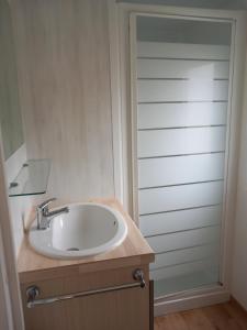 a bathroom with a sink and a glass door at Camping de la Baie de Somme Nature Randonnées in Pendé