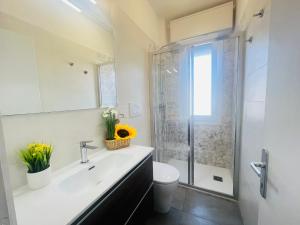 La salle de bains est pourvue d'un lavabo, de toilettes et d'une douche. dans l'établissement Appartamento Stella, à Bibione