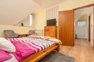 a bedroom with a large bed and a television at Janika Pension in Vonyarcvashegy