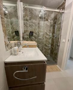 La salle de bains est pourvue d'un lavabo et d'une douche. dans l'établissement APPARTAMENTO PICASSO, à Villasimius