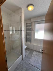a bathroom with a shower and a toilet and a window at City Unterkunft 3 in Heilbronn +10 photos