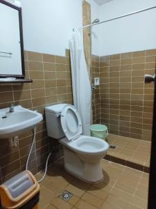 a bathroom with a toilet and a sink and a shower at Lokal Hut Bed and Breakfast in Puerto Princesa City