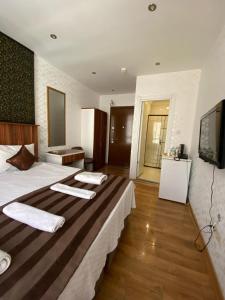 Habitación de hotel con 2 camas y TV de pantalla plana. en GARDEN HILL HOTEL, en Estambul